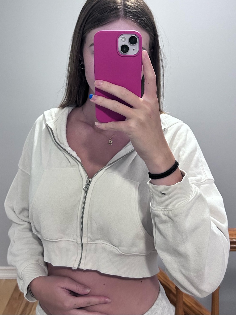 H&M Cream Cropped V-Neck Zip Hoodie
